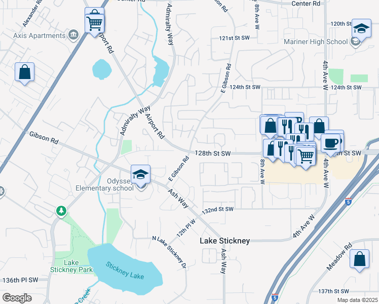 map of restaurants, bars, coffee shops, grocery stores, and more near 128th St SW & E Gibson Rd in Everett