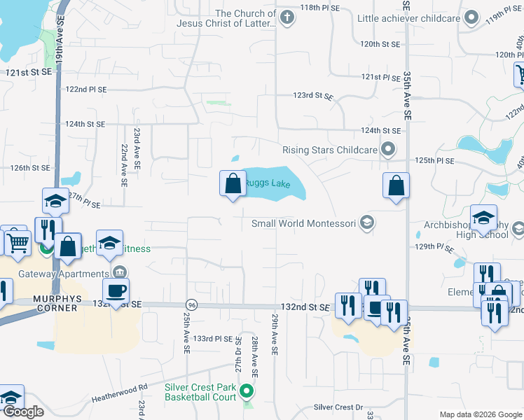 map of restaurants, bars, coffee shops, grocery stores, and more near 2817 128th Street Southeast in Everett