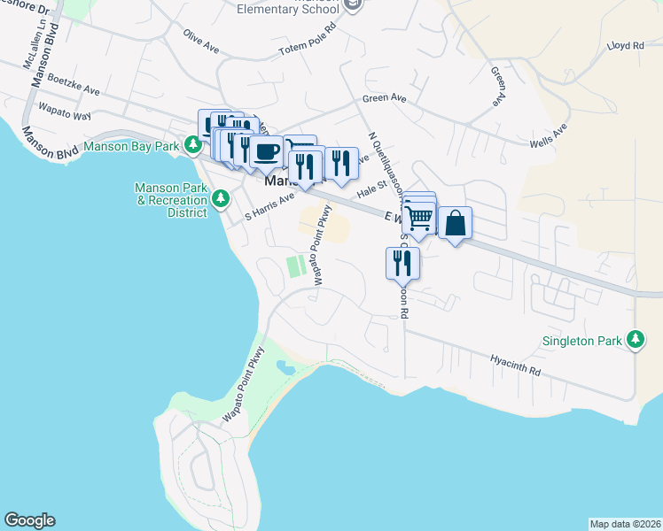 map of restaurants, bars, coffee shops, grocery stores, and more near 1 Wapato Point Parkway in Manson