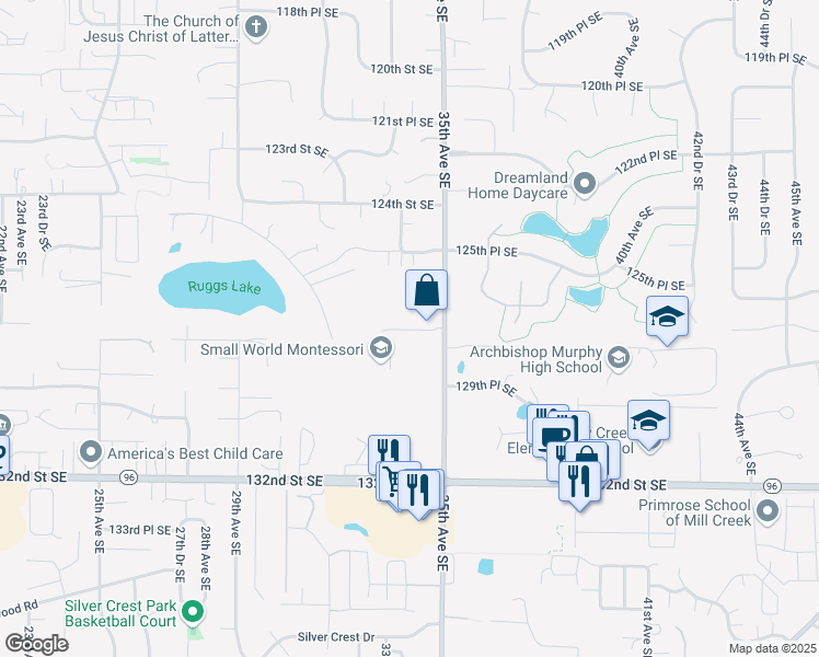 map of restaurants, bars, coffee shops, grocery stores, and more near 12810 35th Avenue Southeast in Everett