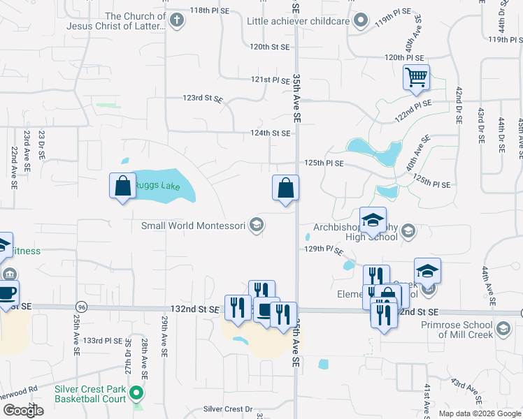 map of restaurants, bars, coffee shops, grocery stores, and more near 12810 35th Avenue Southeast in Everett