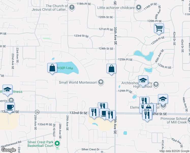 map of restaurants, bars, coffee shops, grocery stores, and more near 12805 Ruggs Lake Road in Everett