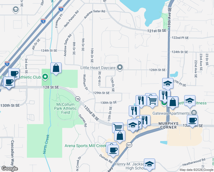map of restaurants, bars, coffee shops, grocery stores, and more near 1225 129th Street Southeast in Everett