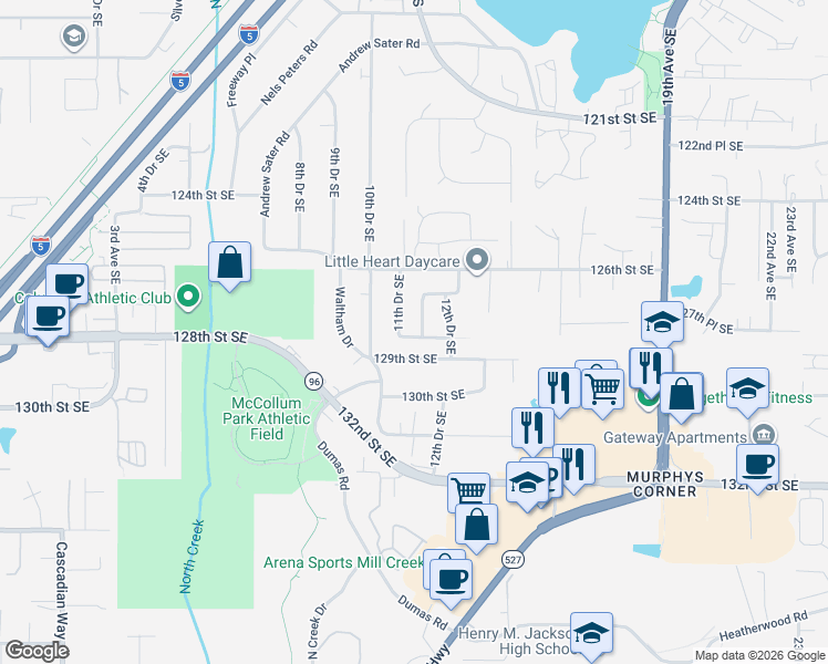 map of restaurants, bars, coffee shops, grocery stores, and more near 1105 129th Street Southeast in Everett