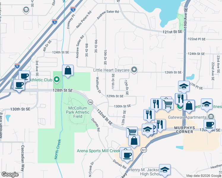 map of restaurants, bars, coffee shops, grocery stores, and more near 1105 129th Street Southeast in Everett