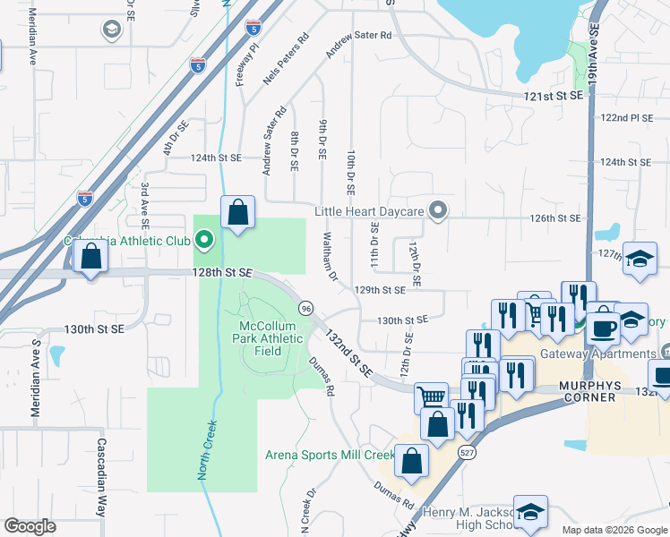 map of restaurants, bars, coffee shops, grocery stores, and more near 12820 Waltham Drive in Everett