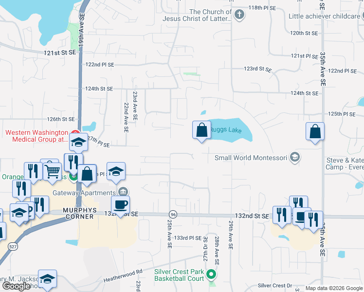 map of restaurants, bars, coffee shops, grocery stores, and more near 12829 25th Avenue Southeast in Everett