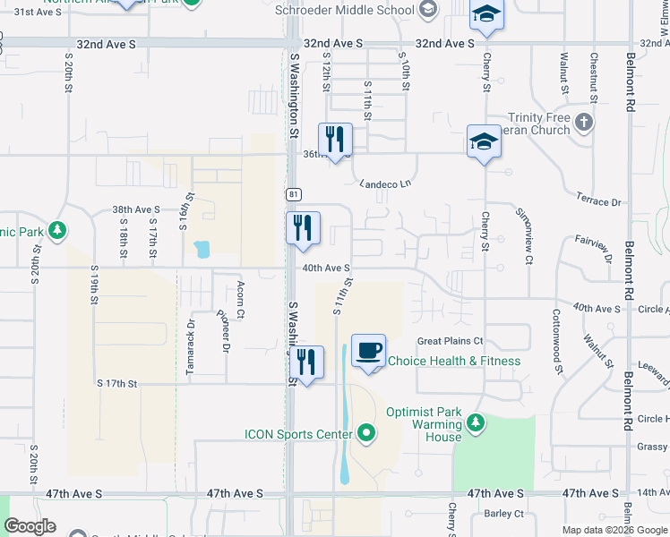 map of restaurants, bars, coffee shops, grocery stores, and more near 1150 40th Avenue South in Grand Forks