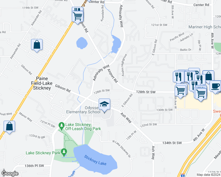 map of restaurants, bars, coffee shops, grocery stores, and more near 12730 15th Avenue West in Everett