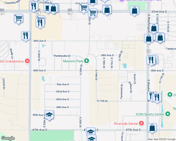 map of restaurants, bars, coffee shops, grocery stores, and more near 40th Avenue South in Grand Forks