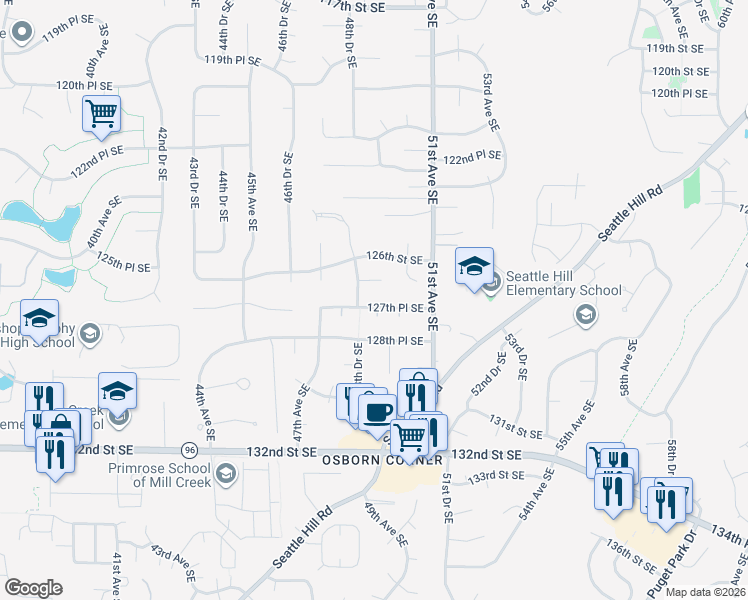 map of restaurants, bars, coffee shops, grocery stores, and more near 12733 49th Avenue Southeast in Everett