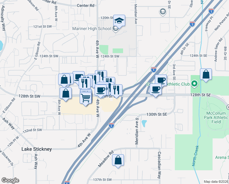 map of restaurants, bars, coffee shops, grocery stores, and more near 201 128th Street Southwest in Everett