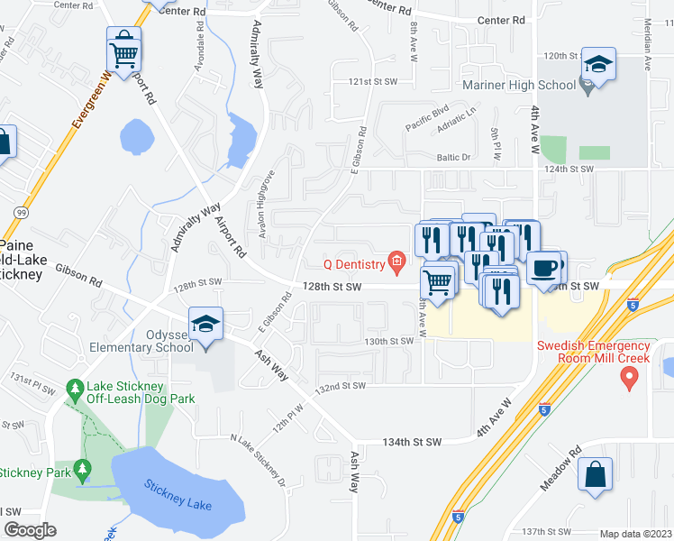 map of restaurants, bars, coffee shops, grocery stores, and more near 1011 128th Street Southwest in Everett