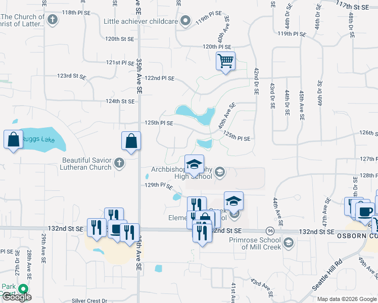 map of restaurants, bars, coffee shops, grocery stores, and more near 12613 38th Avenue Southeast in Everett