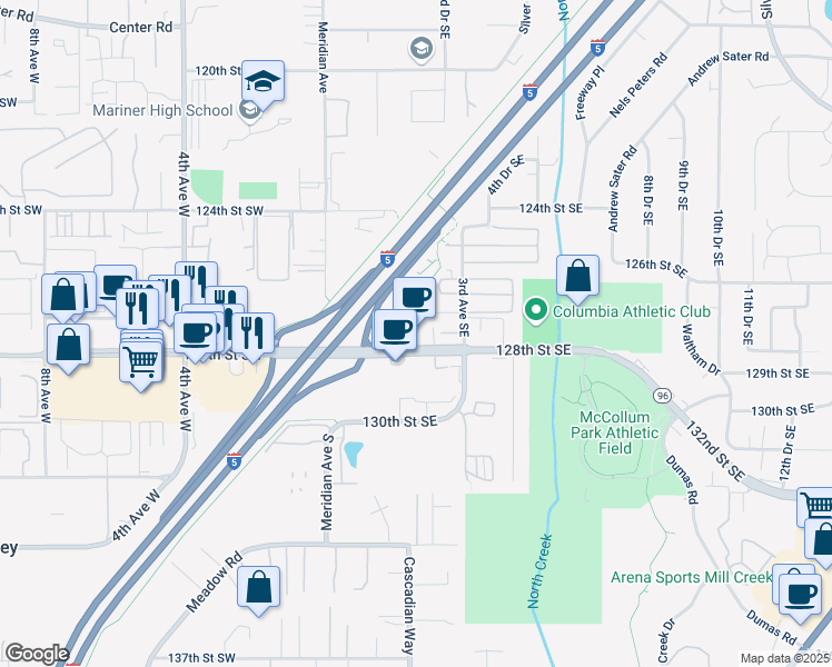 map of restaurants, bars, coffee shops, grocery stores, and more near 128 127th Street Southeast in Everett