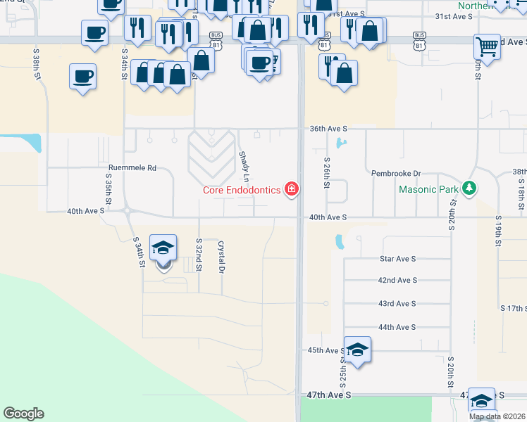 map of restaurants, bars, coffee shops, grocery stores, and more near 2864 40th Avenue South in Grand Forks