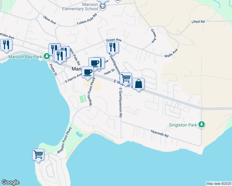 map of restaurants, bars, coffee shops, grocery stores, and more near 312 North Quetilquasoon Road in Manson