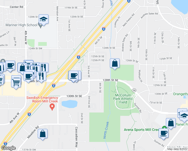 map of restaurants, bars, coffee shops, grocery stores, and more near 309 127th Street Southeast in Everett