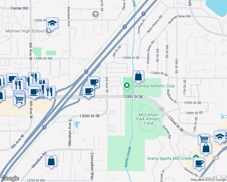 map of restaurants, bars, coffee shops, grocery stores, and more near 311 128th Street Southeast in Everett