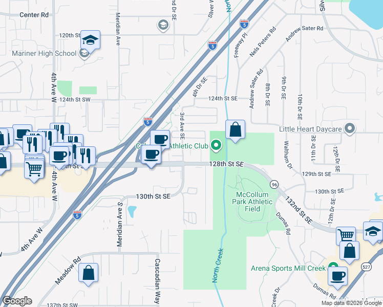 map of restaurants, bars, coffee shops, grocery stores, and more near 311 128th Street Southeast in Everett