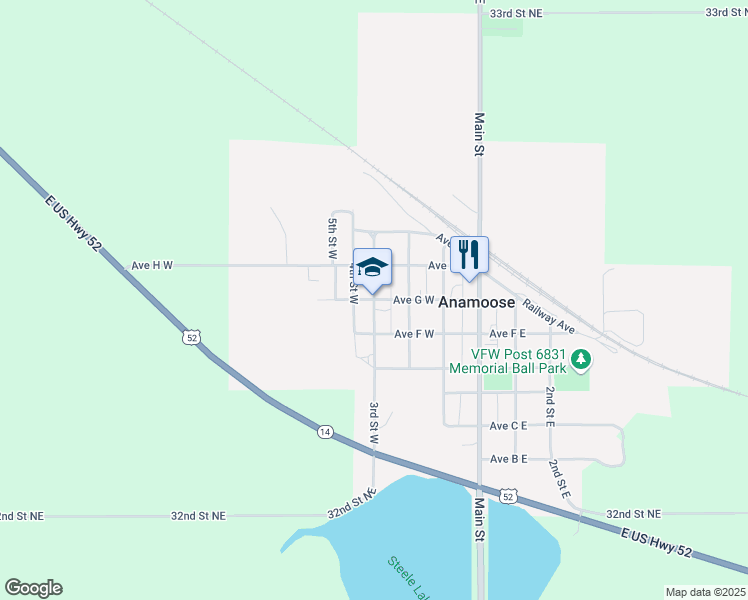 map of restaurants, bars, coffee shops, grocery stores, and more near 706 3rd Street West in Anamoose
