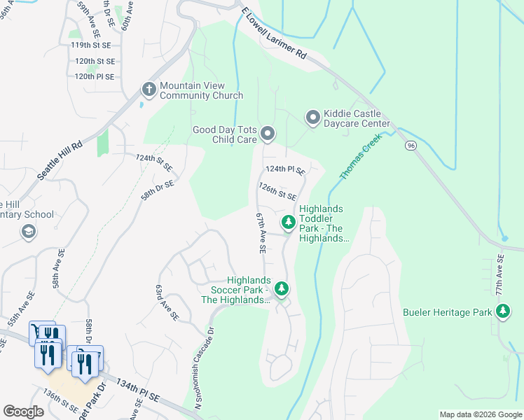 map of restaurants, bars, coffee shops, grocery stores, and more near 12612 67th Avenue Southeast in Snohomish