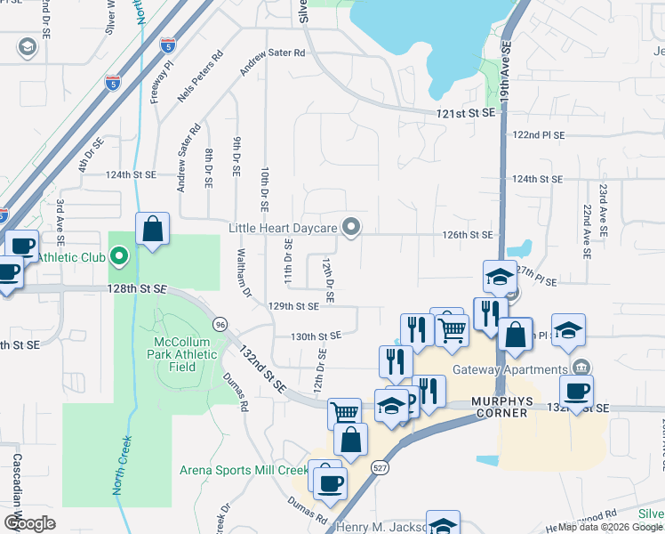 map of restaurants, bars, coffee shops, grocery stores, and more near 12707 12th Drive Southeast in Everett