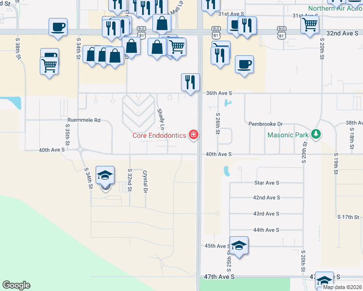 map of restaurants, bars, coffee shops, grocery stores, and more near 2864 40th Avenue South in Grand Forks