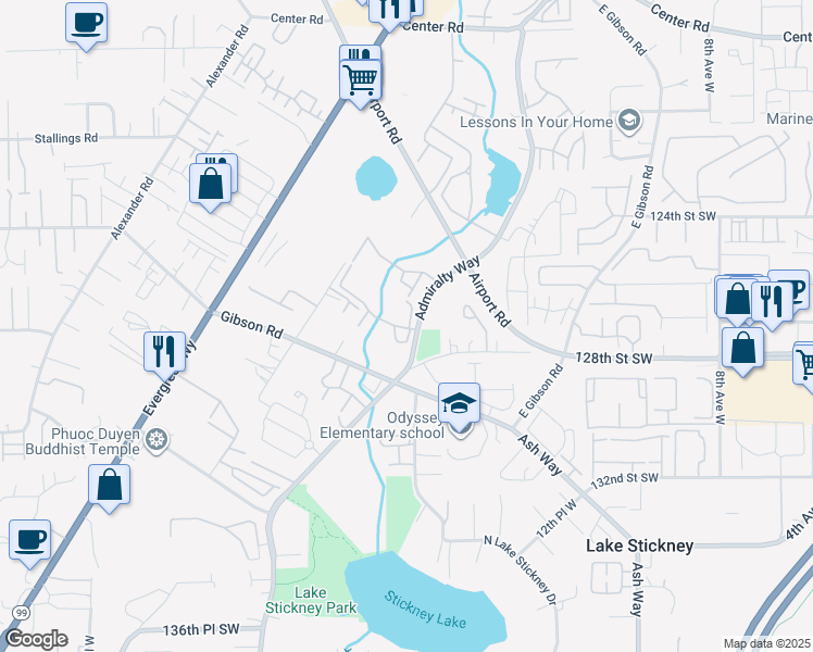 map of restaurants, bars, coffee shops, grocery stores, and more near 12625 Admiralty Way in Everett