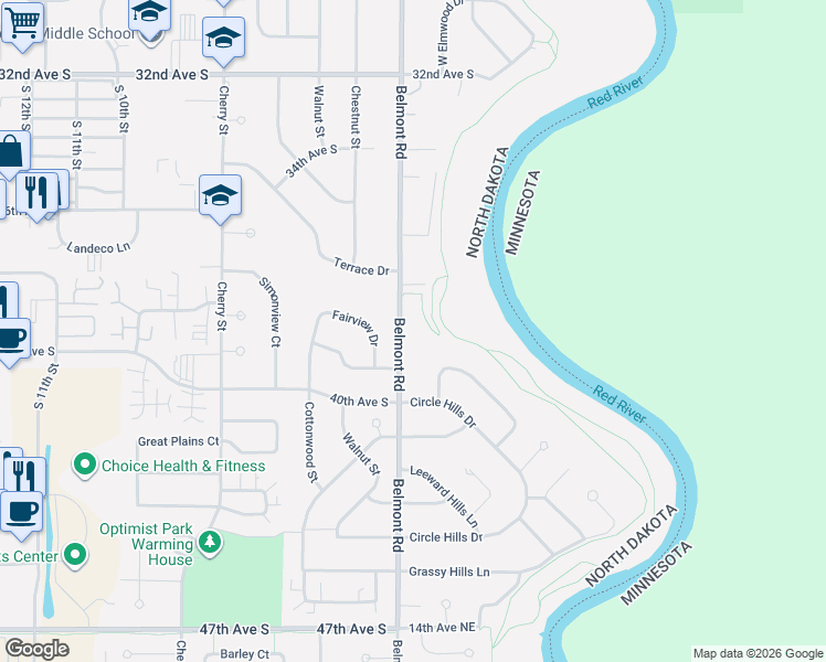 map of restaurants, bars, coffee shops, grocery stores, and more near 3815 Belmont Road in Grand Forks
