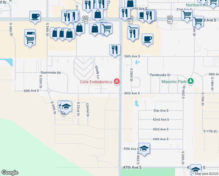 map of restaurants, bars, coffee shops, grocery stores, and more near 2864 40th Avenue South in Grand Forks