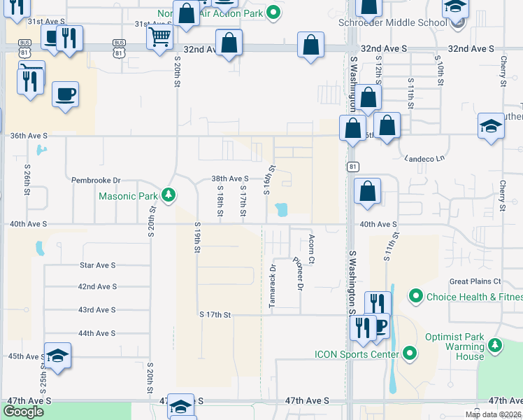 map of restaurants, bars, coffee shops, grocery stores, and more near 3944 South 16th Street in Grand Forks