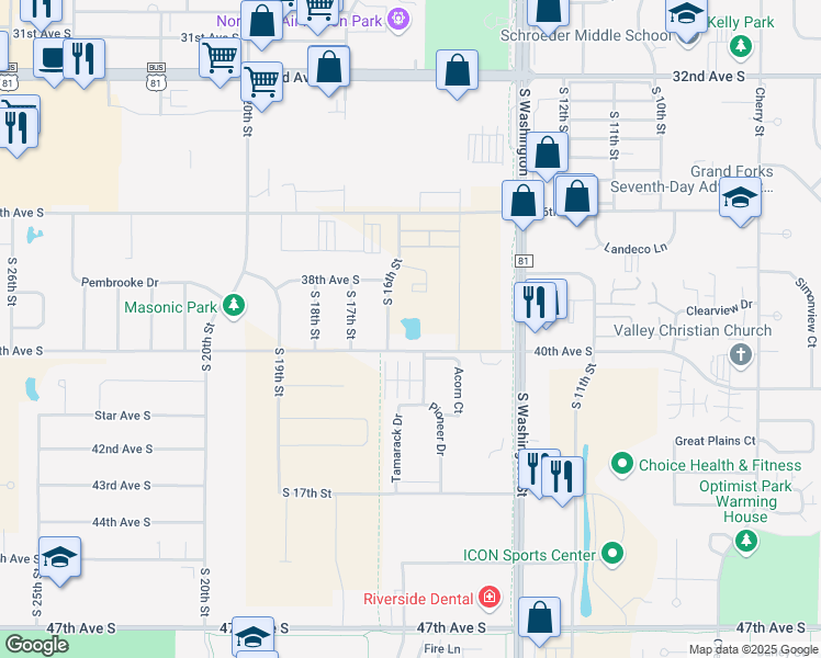map of restaurants, bars, coffee shops, grocery stores, and more near 3873 South 16th Street in Grand Forks