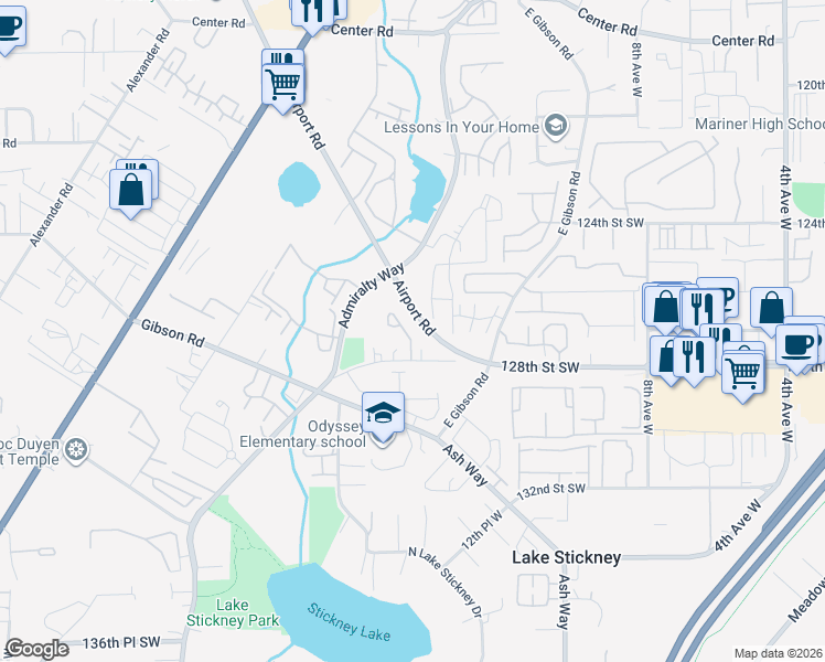 map of restaurants, bars, coffee shops, grocery stores, and more near 12707 15th Avenue West in Everett