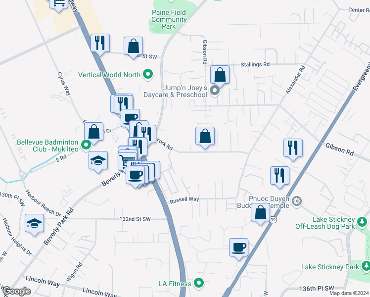 map of restaurants, bars, coffee shops, grocery stores, and more near 3107 York Road in Everett