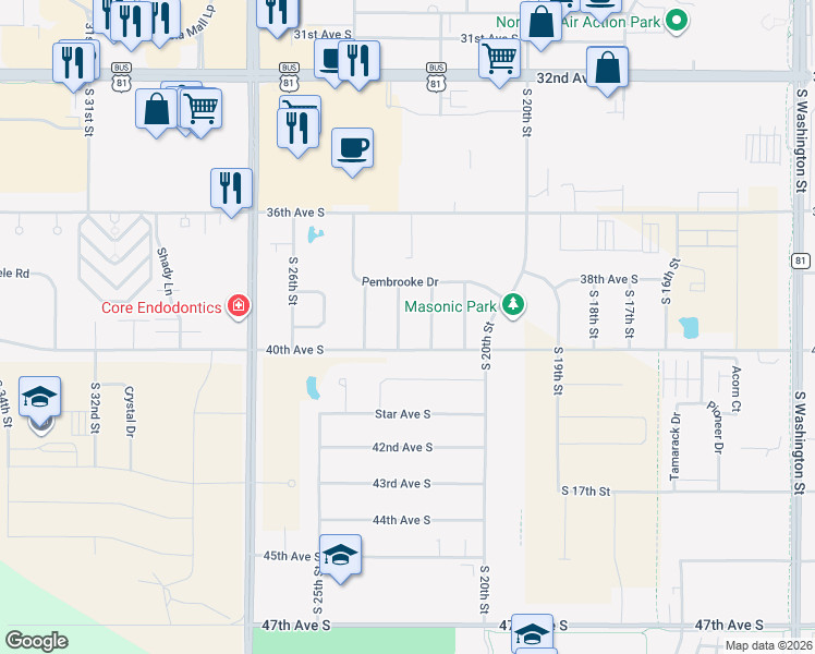 map of restaurants, bars, coffee shops, grocery stores, and more near 3855 Mullberry Drive in Grand Forks