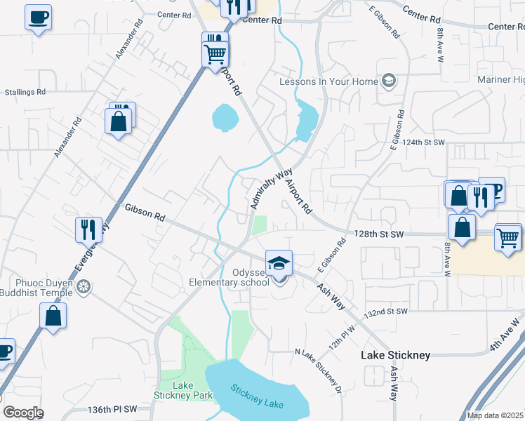 map of restaurants, bars, coffee shops, grocery stores, and more near 12625 Admiralty Way in Everett