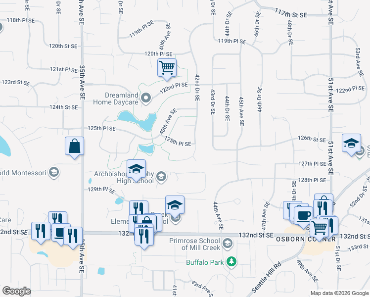 map of restaurants, bars, coffee shops, grocery stores, and more near 4124 125th Place Southeast in Everett