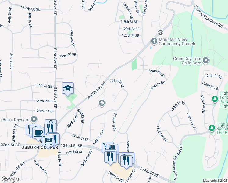map of restaurants, bars, coffee shops, grocery stores, and more near 12624 57th Drive Southeast in Snohomish