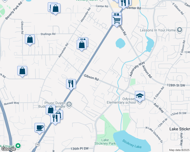 map of restaurants, bars, coffee shops, grocery stores, and more near 2109 Gibson Road in Everett