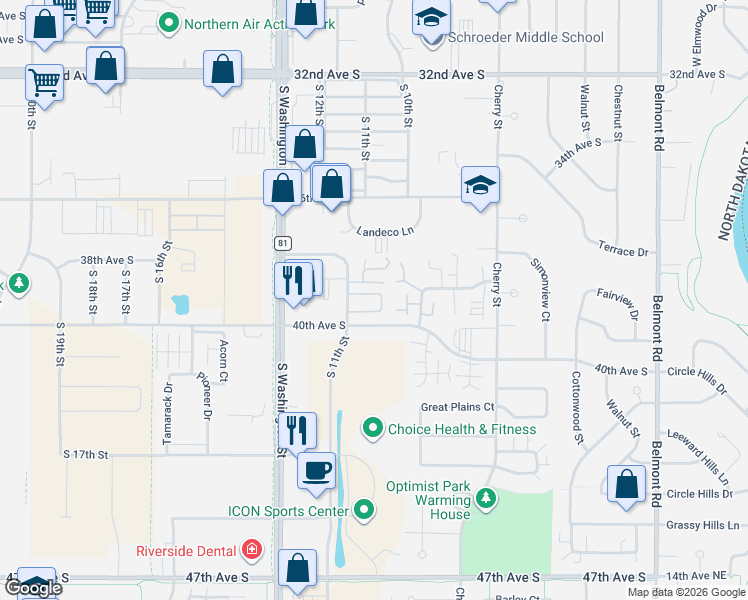 map of restaurants, bars, coffee shops, grocery stores, and more near 3930 Dacotah View Court in Grand Forks