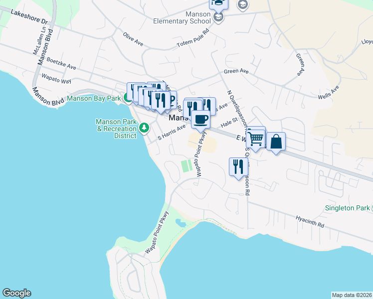 map of restaurants, bars, coffee shops, grocery stores, and more near 168 Wapato Court in Manson