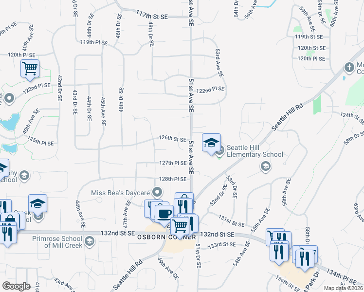 map of restaurants, bars, coffee shops, grocery stores, and more near 12611 50th Drive Southeast in Everett