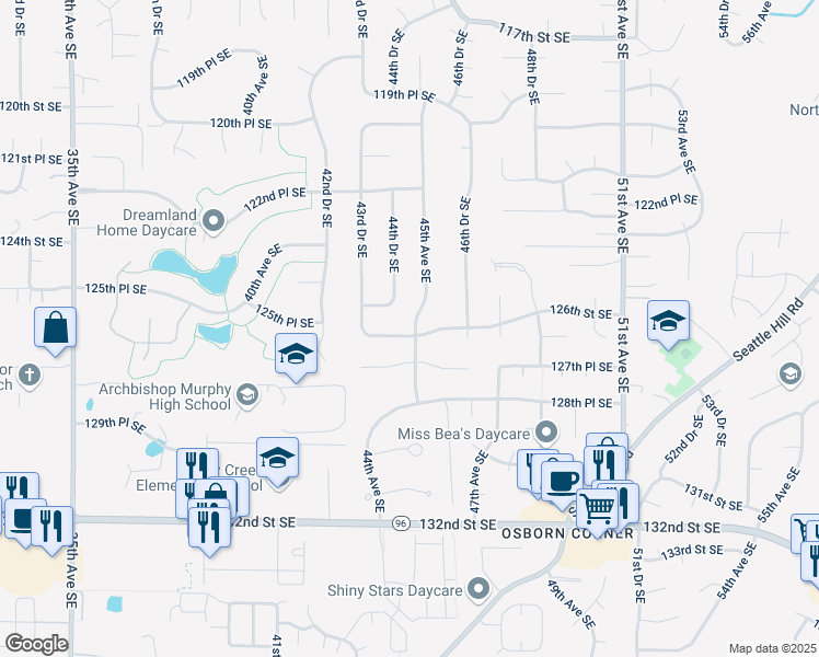 map of restaurants, bars, coffee shops, grocery stores, and more near 4431 126th Street Southeast in Everett