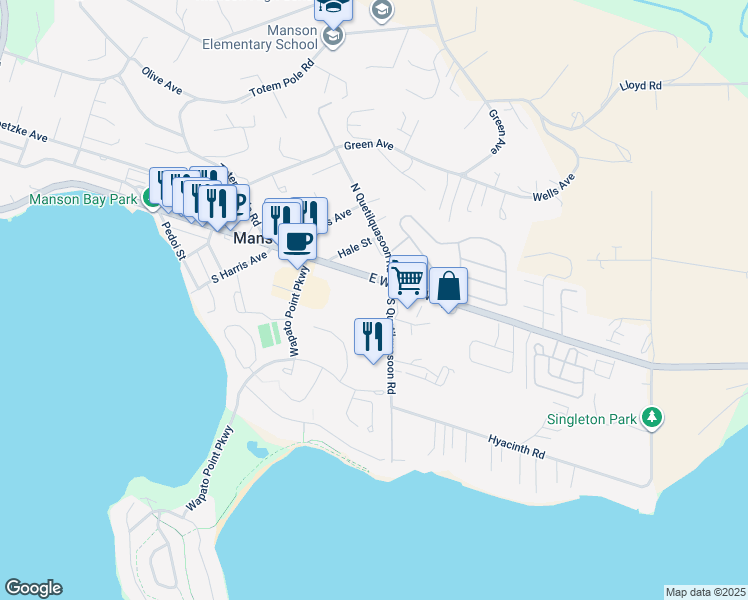 map of restaurants, bars, coffee shops, grocery stores, and more near 312 North Quetilquasoon Road in Manson