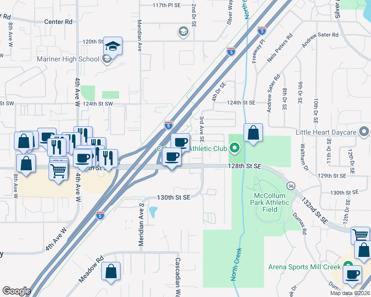 map of restaurants, bars, coffee shops, grocery stores, and more near 207 127th Street Southeast in Everett
