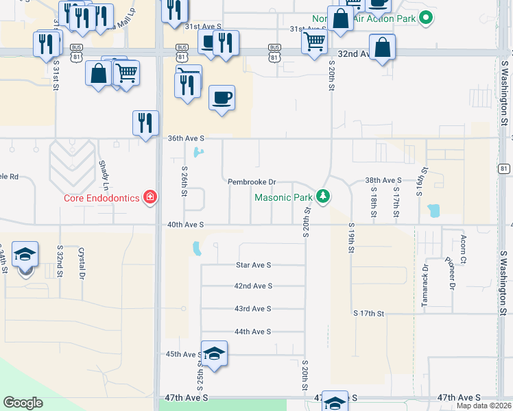 map of restaurants, bars, coffee shops, grocery stores, and more near 3855 Mullberry Drive in Grand Forks
