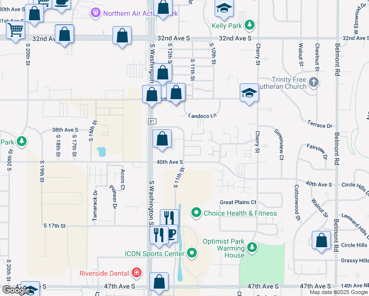 map of restaurants, bars, coffee shops, grocery stores, and more near 3895 South 11th Street in Grand Forks