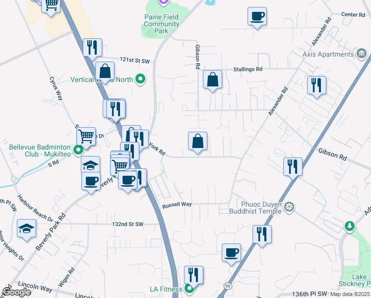 map of restaurants, bars, coffee shops, grocery stores, and more near 3107 York Road in Everett