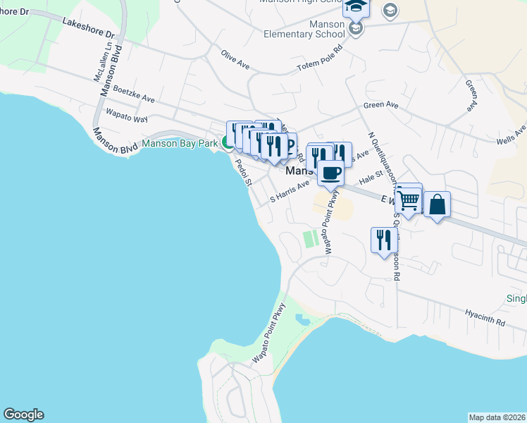 map of restaurants, bars, coffee shops, grocery stores, and more near 303 South Harris Avenue in Manson